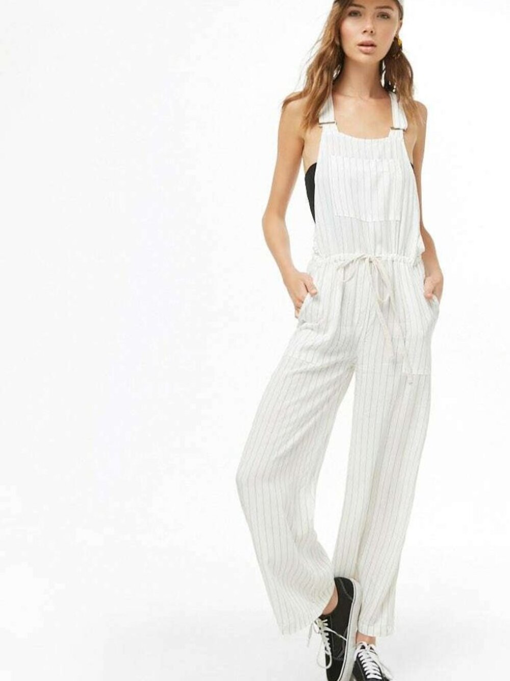 Forever 21 Ivory Black Pinstriped Drawstring Overalls Jumpsuit S/M